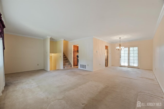 41 Winton Rd, East Brunswick, NJ 08816 - unfurnished living room with ornamental molding, a chandelier, stairs, and light colored carpet