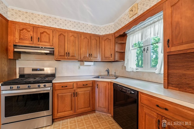 41 Winton Rd, East Brunswick, NJ 08816 - kitchen featuring stainless steel gas range, dishwasher, under cabinet range hood, a sink, and light countertops