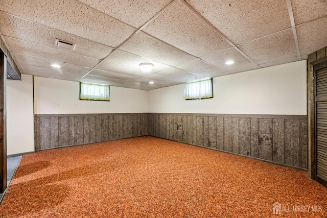 41 Winton Rd, East Brunswick, NJ 08816 - below grade area featuring wainscoting, a drop ceiling, carpet flooring, and recessed lighting