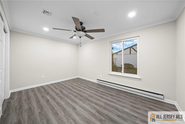 empty room with a baseboard radiator, ornamental molding, ceiling fan, and dark hardwood / wood-style floors