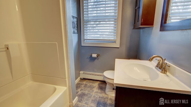 full bathroom featuring vanity, tub / shower combination, baseboard heating, and toilet