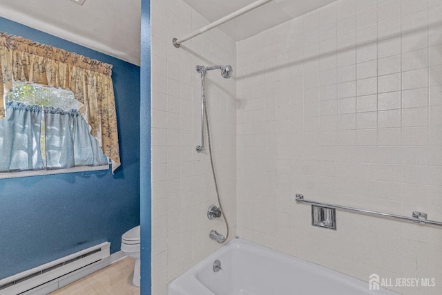 full bathroom featuring toilet, shower / bath combination, a baseboard radiator, and baseboards