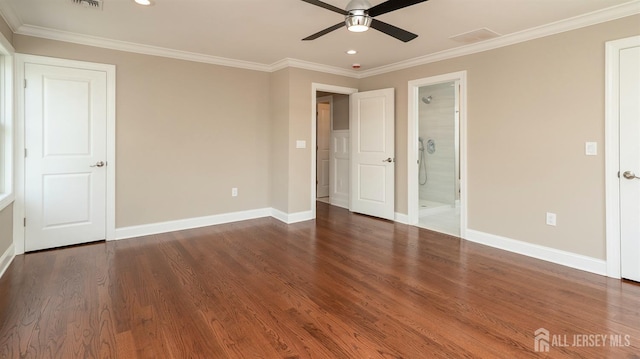 unfurnished bedroom with ornamental molding, baseboards, wood finished floors, connected bathroom, and recessed lighting