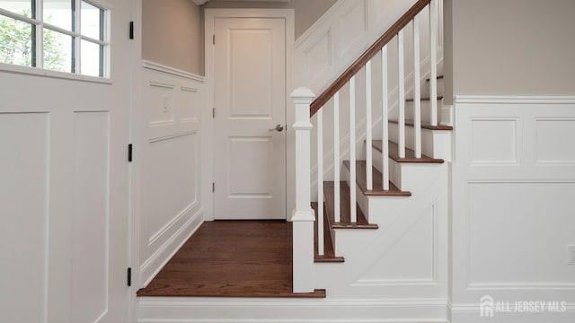 stairs featuring a decorative wall, wainscoting, and wood finished floors