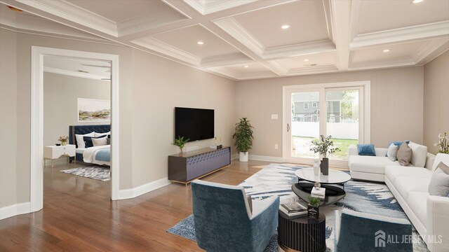 living room with wood finished floors, coffered ceiling, recessed lighting, beamed ceiling, and baseboards