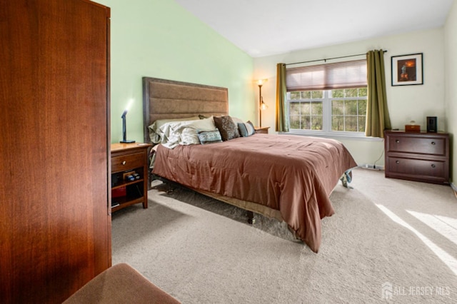bedroom featuring carpet floors and vaulted ceiling