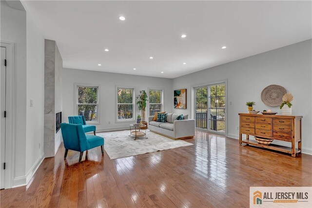 living room with a fireplace, plenty of natural light, and light wood-type flooring