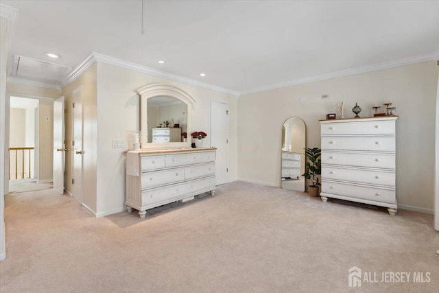 675 Raritan Rd, Clark, NJ 07066 - bedroom with crown molding, recessed lighting, baseboards, and light colored carpet
