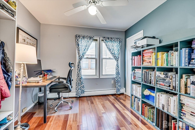 office area featuring ceiling fan and hardwood / wood-style flooring