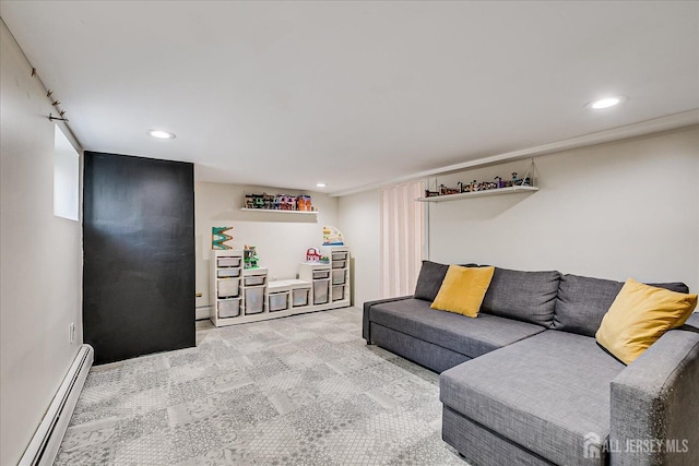 carpeted living room featuring a baseboard radiator