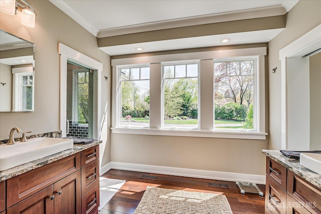 28 Evans Dr, Cranbury, NJ 08512 - bathroom with healthy amount of natural light, baseboards, two vanities, wood finished floors, and ornamental molding