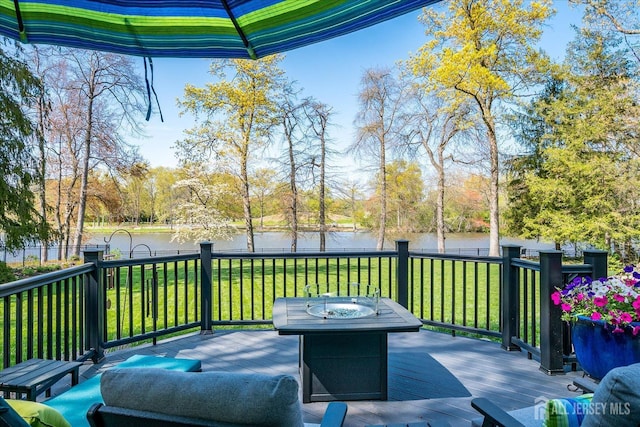 28 Evans Dr, Cranbury, NJ 08512 - wooden terrace featuring a water view, a lawn, a fire pit, and view of scattered trees