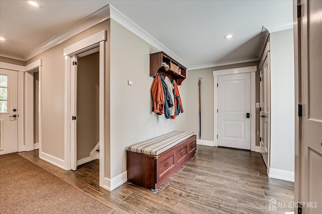 28 Evans Dr, Cranbury, NJ 08512 - mudroom with ornamental molding, baseboards, wood finished floors, and recessed lighting