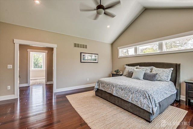 28 Evans Dr, Cranbury, NJ 08512 - bedroom with dark wood finished floors, baseboards, high vaulted ceiling, recessed lighting, and ceiling fan