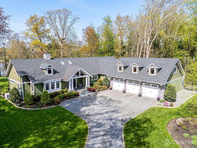 28 Evans Dr, Cranbury, NJ 08512 - cape cod house featuring asphalt driveway, a front lawn, a chimney, a garage, and a shingled roof