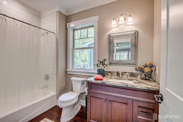 28 Evans Dr, Cranbury, NJ 08512 - bathroom with wood finished floors, toilet, vanity, ornamental molding, and shower / tub combo