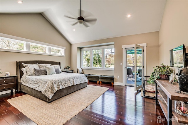 28 Evans Dr, Cranbury, NJ 08512 - bedroom featuring high vaulted ceiling, access to outside, dark wood-style floors, a ceiling fan, and recessed lighting