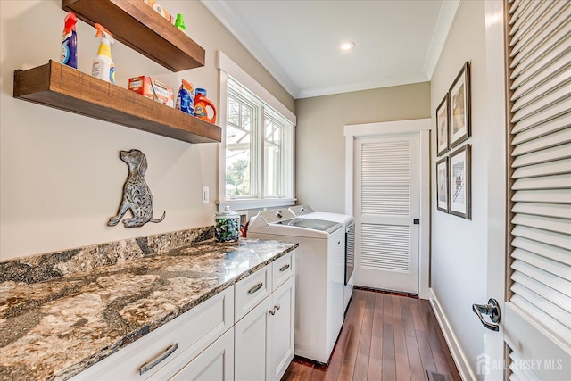 28 Evans Dr, Cranbury, NJ 08512 - laundry area featuring washer and clothes dryer, dark wood-type flooring, and ornamental molding