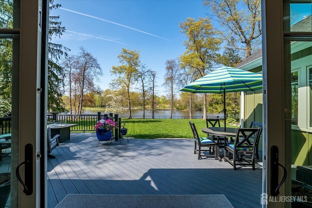 28 Evans Dr, Cranbury, NJ 08512 - view of patio featuring a deck with water view and outdoor dining space