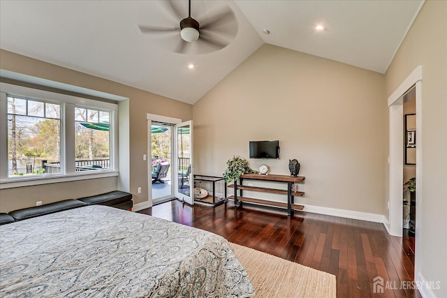 28 Evans Dr, Cranbury, NJ 08512 - bedroom with access to exterior, hardwood / wood-style flooring, high vaulted ceiling, baseboards, and ceiling fan