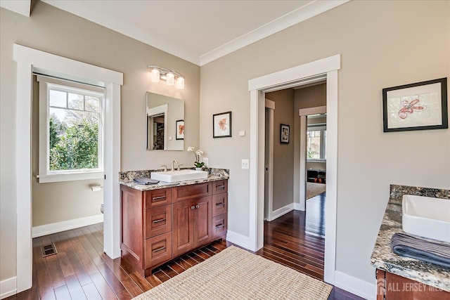 28 Evans Dr, Cranbury, NJ 08512 - bathroom featuring vanity, wood finished floors, plenty of natural light, and ornamental molding
