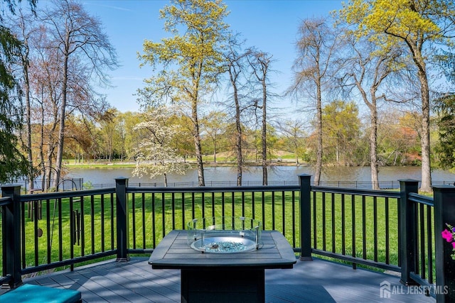 28 Evans Dr, Cranbury, NJ 08512 - deck featuring a water view, a fire pit, and view of scattered trees
