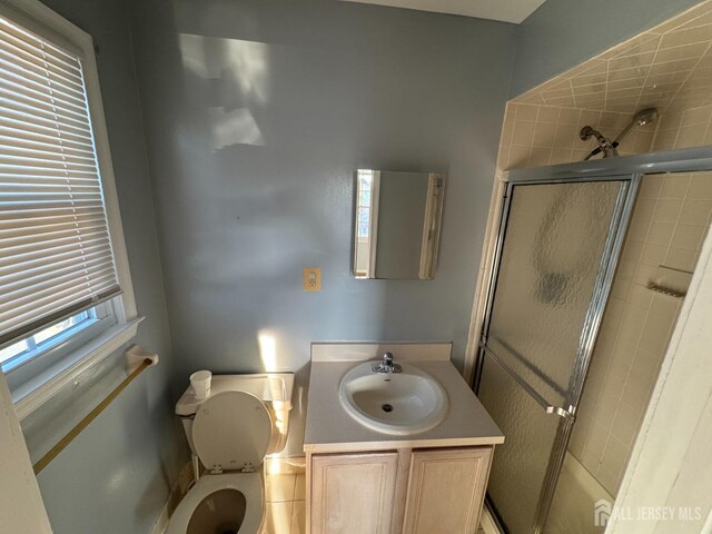 bathroom featuring vanity, toilet, and a shower with door