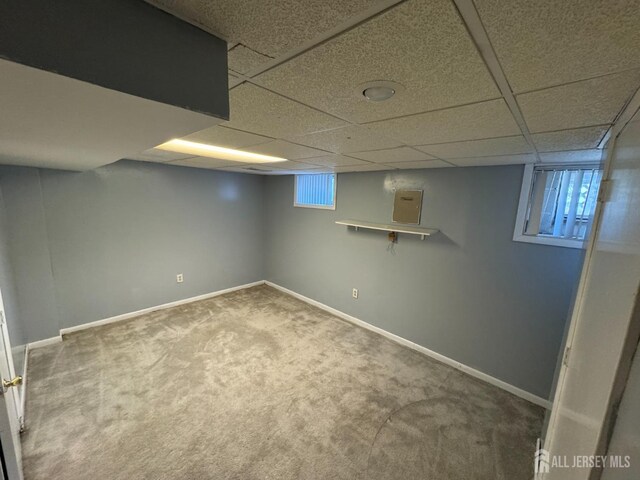 basement with carpet, a wealth of natural light, and a drop ceiling