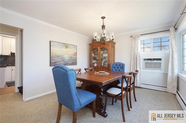 dining area with light carpet, a baseboard radiator, a chandelier, and crown molding