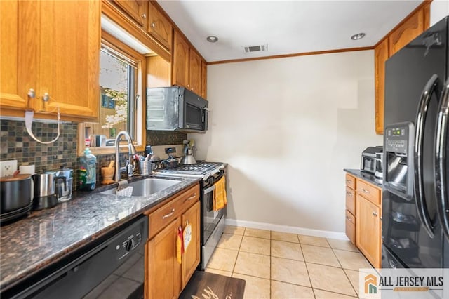 156 George St, New Brunswick, NJ 08901 - kitchen with black appliances, a sink, backsplash, baseboards, and ornamental molding
