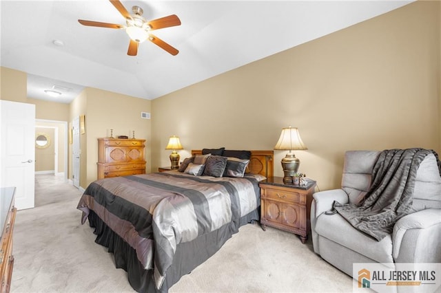 24 Birmingham Ln, Monroe, NJ 08831 - bedroom featuring light colored carpet, vaulted ceiling, and ceiling fan