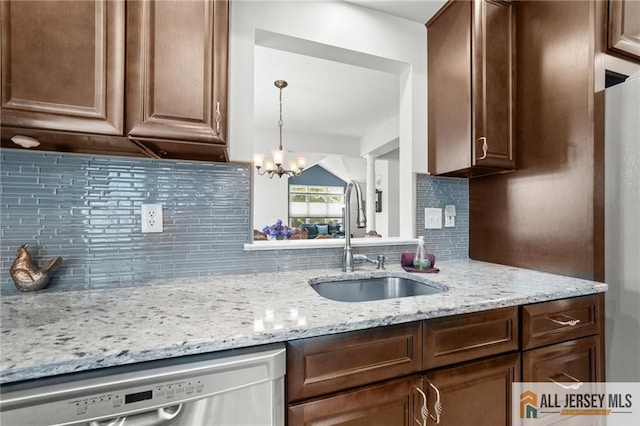 24 Birmingham Ln, Monroe, NJ 08831 - kitchen with stainless steel dishwasher, decorative backsplash, a chandelier, and light stone countertops