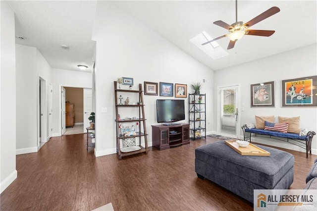 24 Birmingham Ln, Monroe, NJ 08831 - living room with a ceiling fan, wood finished floors, high vaulted ceiling, and a skylight