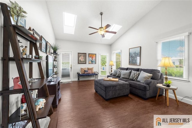 24 Birmingham Ln, Monroe, NJ 08831 - living area with a skylight, plenty of natural light, dark wood-style floors, and high vaulted ceiling