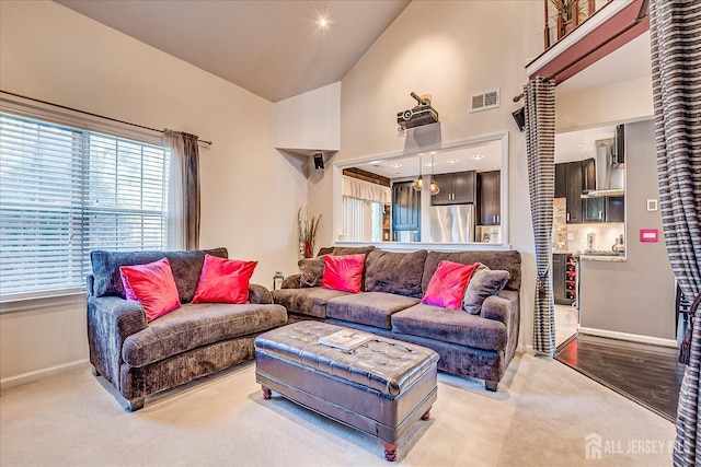 55 Renaissance Ln, New Brunswick, NJ 08901 - living room featuring baseboards, carpet floors, and high vaulted ceiling