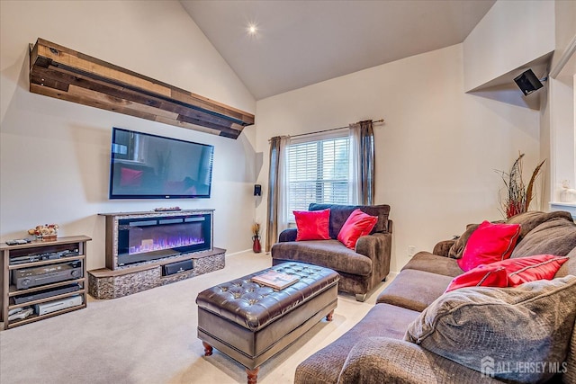 55 Renaissance Ln, New Brunswick, NJ 08901 - living area with carpet, high vaulted ceiling, and a glass covered fireplace