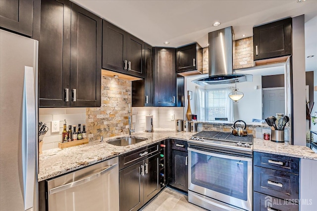 55 Renaissance Ln, New Brunswick, NJ 08901 - kitchen featuring stainless steel appliances, wall chimney exhaust hood, a sink, light stone counters, and decorative backsplash