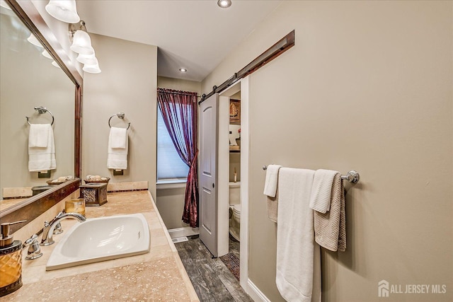 55 Renaissance Ln, New Brunswick, NJ 08901 - bathroom with vanity, toilet, baseboards, wood finished floors, and recessed lighting