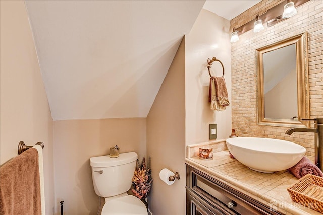 55 Renaissance Ln, New Brunswick, NJ 08901 - bathroom featuring toilet, vanity, and vaulted ceiling