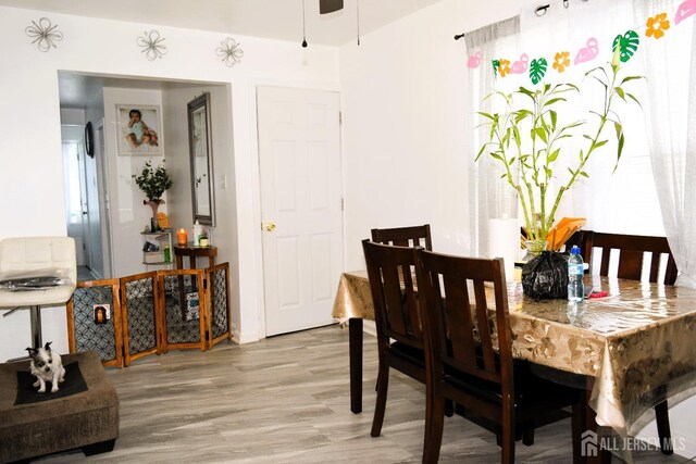 dining area featuring hardwood / wood-style floors and ceiling fan