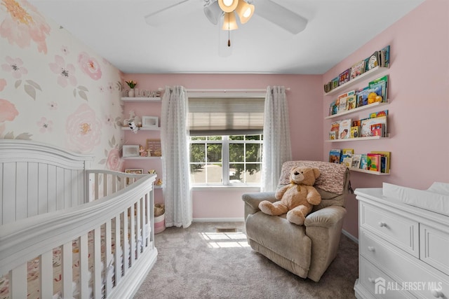 41 Haymarket Ct, East Windsor, NJ 08512 - bedroom with a crib, carpet, and a ceiling fan