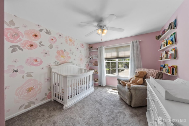 41 Haymarket Ct, East Windsor, NJ 08512 - bedroom with a nursery area, carpet, wallpapered walls, and ceiling fan