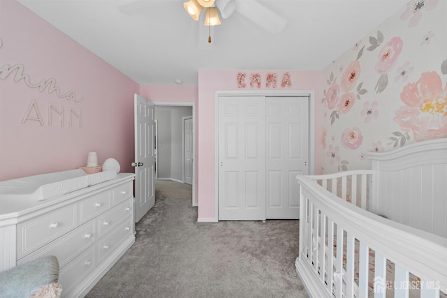 41 Haymarket Ct, East Windsor, NJ 08512 - bedroom with light colored carpet, a closet, a nursery area, and ceiling fan