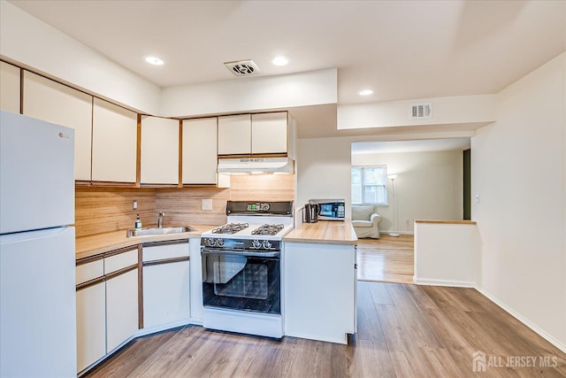 kitchen featuring freestanding refrigerator, range with gas cooktop, a sink, under cabinet range hood, and light countertops