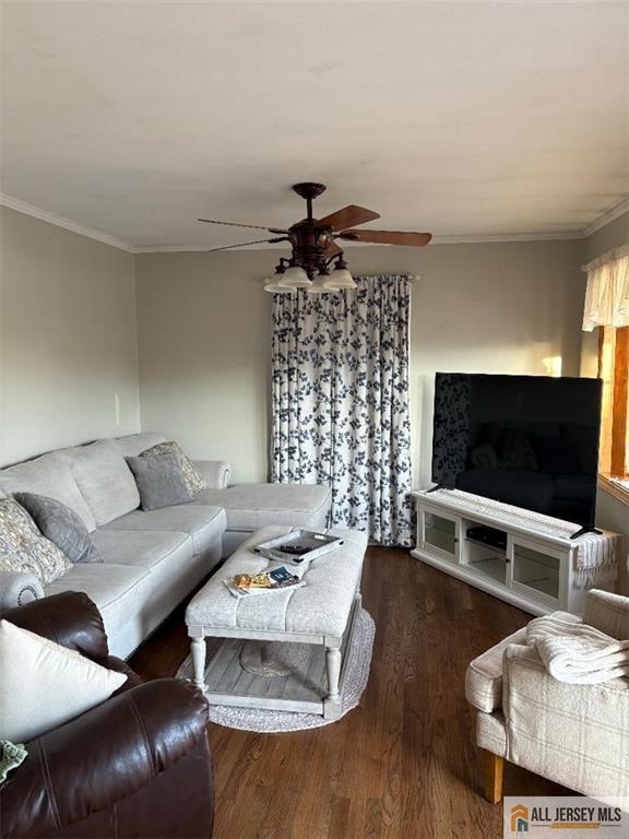 living room featuring dark hardwood / wood-style flooring, ceiling fan, and ornamental molding