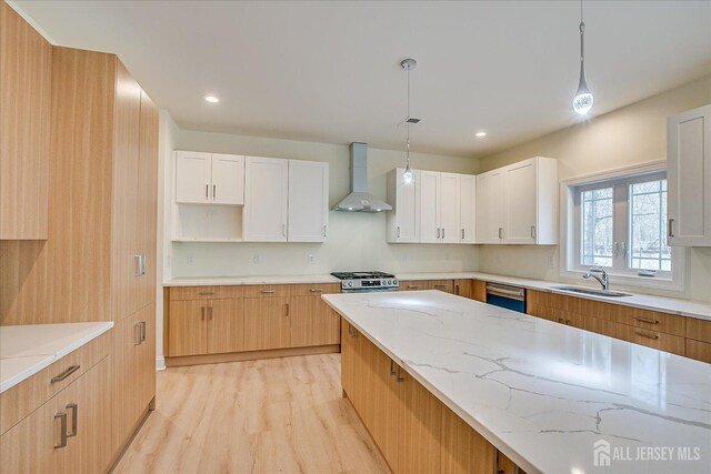 92 Hancock Rd, Piscataway, NJ 08854 - kitchen with wall chimney range hood, a sink, stainless steel appliances, light wood finished floors, and light stone countertops