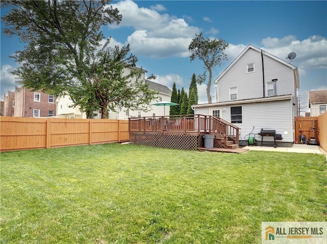 15 Leland Ave, South River, NJ 08882 - rear view of house featuring a fenced backyard, a wooden deck, and a patio area