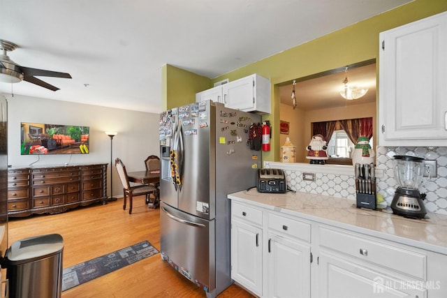 816 Harbortown Blvd Unit 816, Perth Amboy, NJ 08861 - kitchen with stainless steel fridge with ice dispenser, backsplash, light wood-style floors, and a ceiling fan