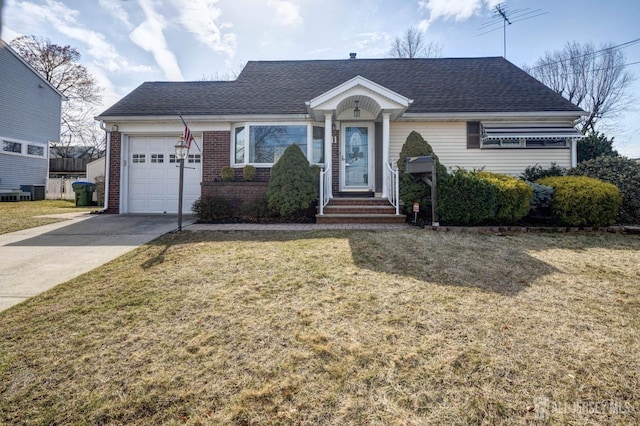 single story home with a front lawn, driveway, a shingled roof, a garage, and brick siding