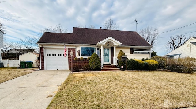 view of front of house featuring driveway, a front lawn, a garage, central air condition unit, and brick siding